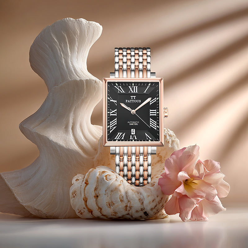 PATTOUS Square Ultra-Thin Automatic Mechanical Men's Watch | Rose Gold Black Dial | Luminous Hands, Date Display & See-Through Caseback | 50M Waterproof