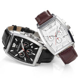 PATTOUS Multifunctional Quartz Men's Watch | Tonneau & Square Case | White Dial Coffee Leather Strap | Chronograph, 24H, Luminous, Date | 50M Waterproof