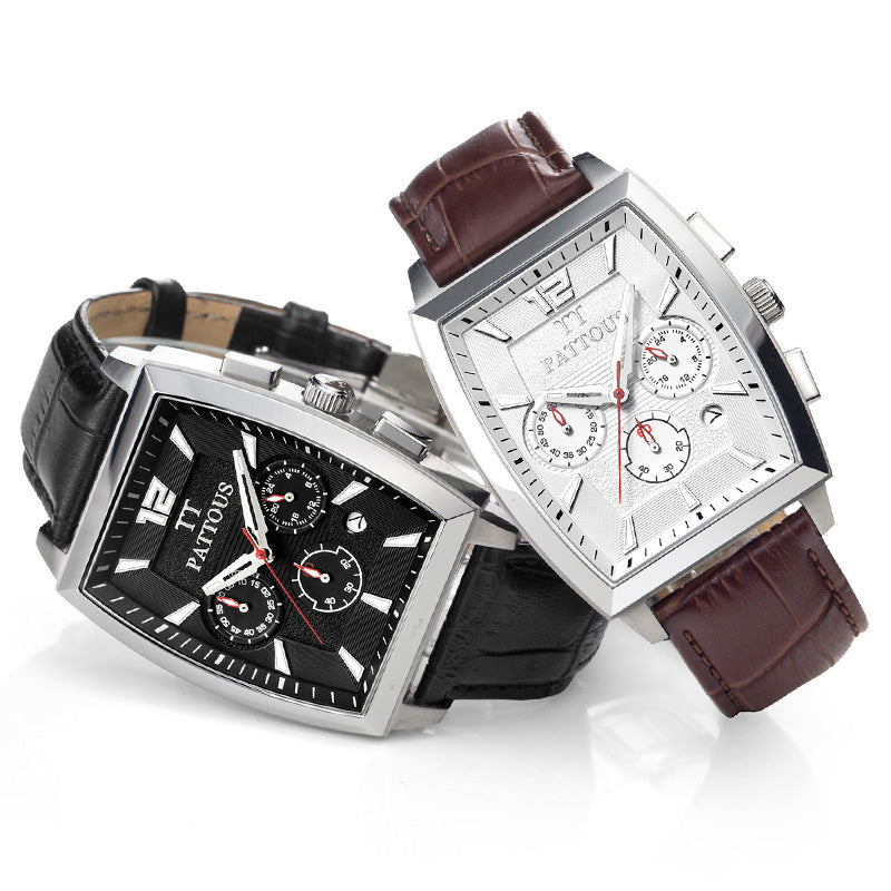 PATTOUS Multifunctional Quartz Men's Watch | Tonneau & Square Case | White Dial Coffee Leather Strap | Chronograph, 24H, Luminous, Date | 50M Waterproof