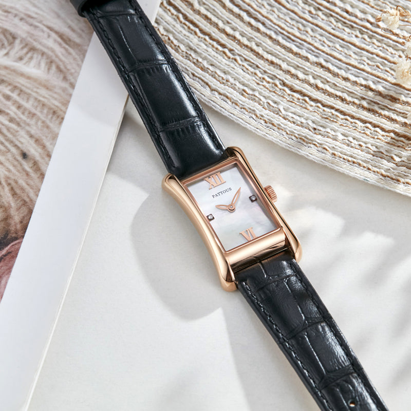 PATTOUS Vintage Small Square Quartz Women's Watch | Rose Gold Black Strap | 50M Waterproof | Elegant Casual Dress Watch