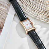 PATTOUS Vintage Small Square Quartz Women's Watch | Rose Gold Black Strap | 50M Waterproof | Elegant Casual Dress Watch