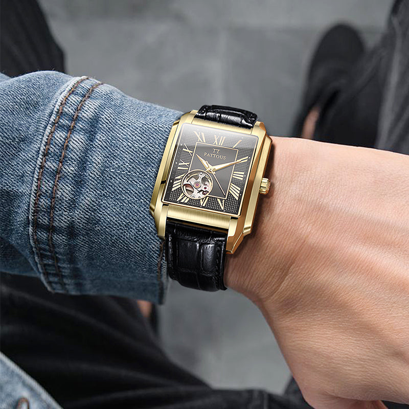 PATTOUS Men's Luxury Square Skeleton Automatic Watch - Gold Black