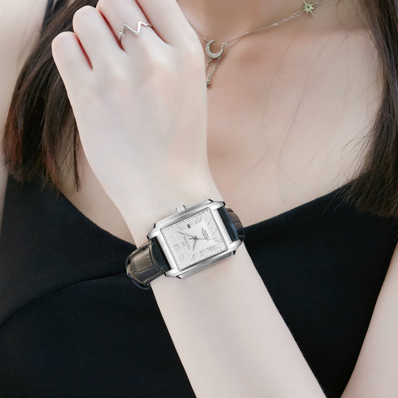 PATTOUS Square Automatic Mechanical Women's Watch | White Dial | Luminous, Date & See-Through Caseback | 50M Waterproof | Luxury Gift for Her