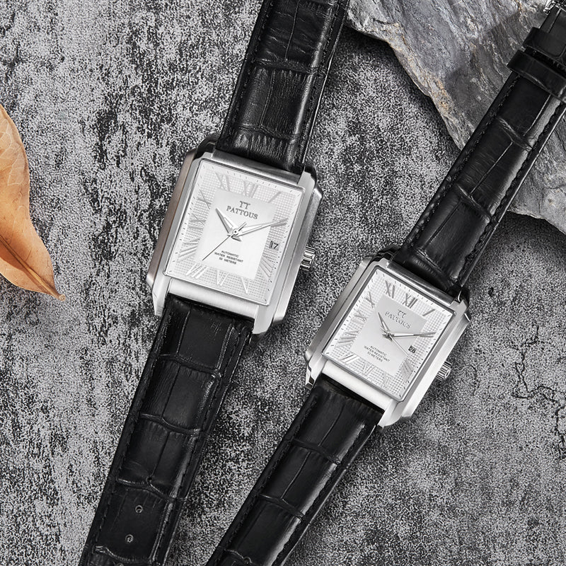 PATTOUS Square Automatic Mechanical Women's Watch | White Dial | Luminous, Date & See-Through Caseback | 50M Waterproof | Luxury Gift for Her