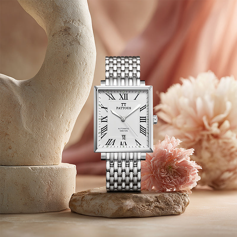 PATTOUS Men's Ultra-Thin Square Automatic Watch | Stainless Steel   Business Wristwatch