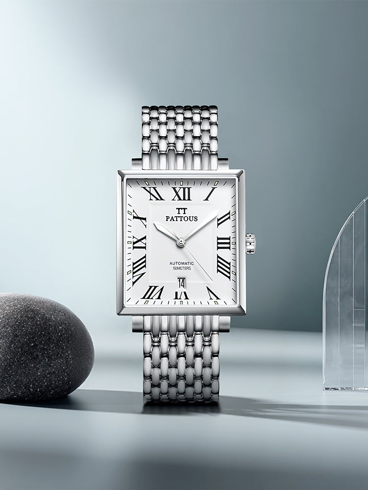 PATTOUS Men's Ultra-Thin Square Automatic Watch | Stainless Steel   Business Wristwatch
