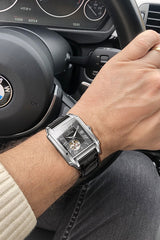 PATTOUS Men's Square Skeleton Watch | Tourbillon | Black Dial | Steel Band | Mechanical | Water-Resistant