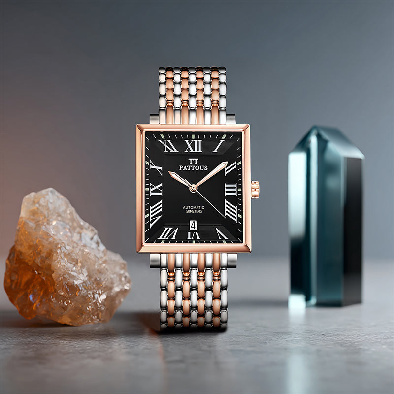 PATTOUS Square Ultra-Thin Automatic Mechanical Men's Watch | Rose Gold Black Dial | Luminous Hands, Date Display & See-Through Caseback | 50M Waterproof