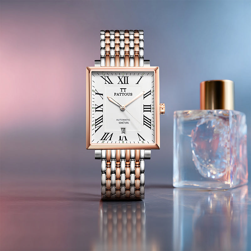 pattous Square Ultra-Thin Automatic Mechanical Men's Watch | Rose Gold White Dial Steel Bracelet | Import Movement Minimalist Luxury Business Waterproof