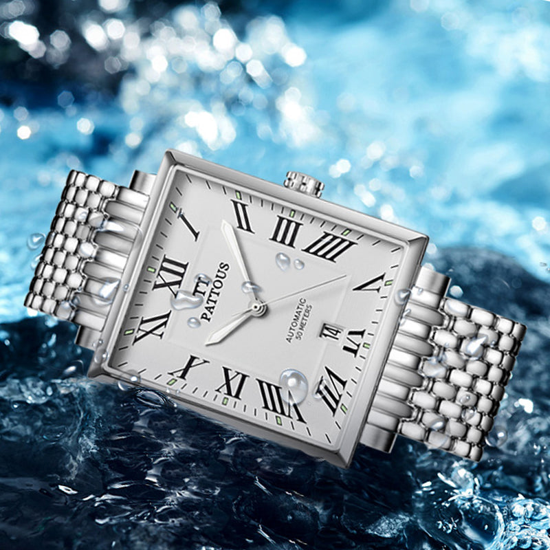 PATTOUS Men's Ultra-Thin Square Automatic Watch | Stainless Steel   Business Wristwatch