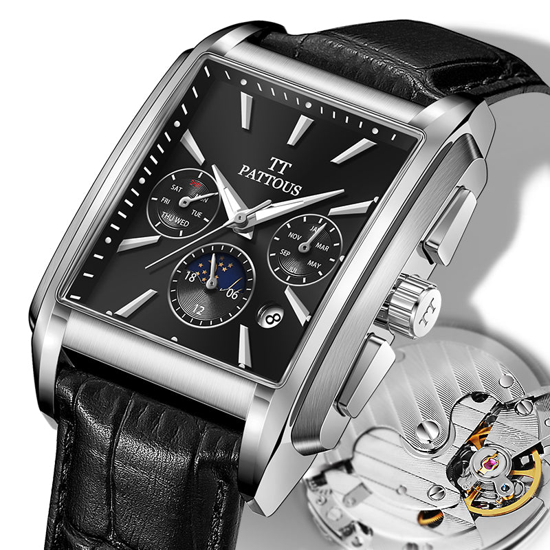PATTOUS Men's Square Skeleton Watch | Tourbillon | Black Dial | Steel Band | Mechanical | Water-Resistant