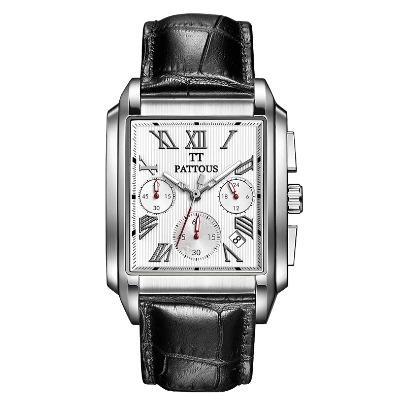 PATTOUS Square Multifunction Men's Watch | Quartz Movement | 50M Water Resistant | Genuine Leather Strap