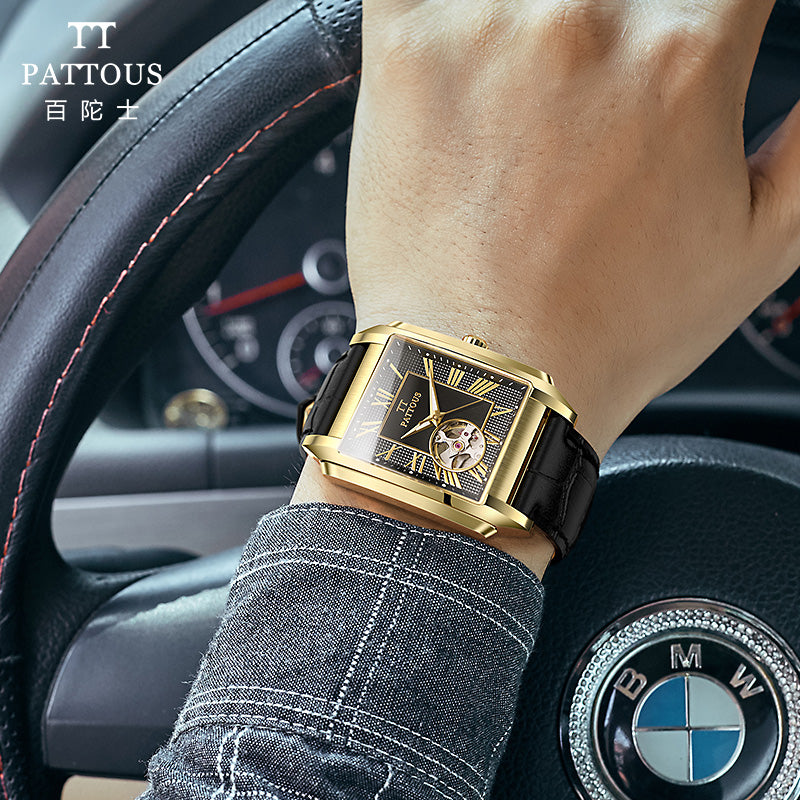 PATTOUS Men's Luxury Square Skeleton Automatic Watch - Gold Black