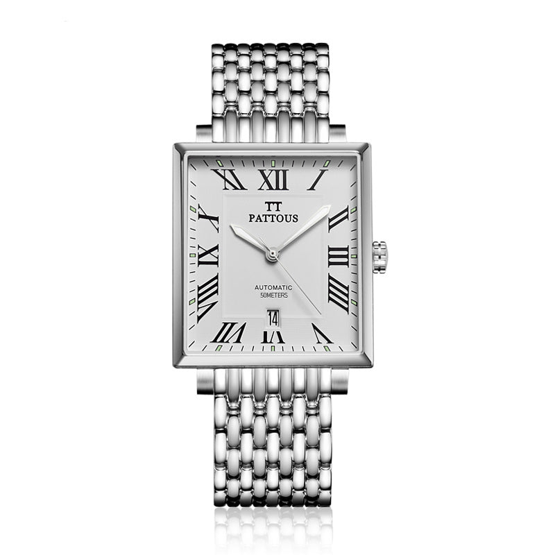 PATTOUS Men's Ultra-Thin Square Automatic Watch | Stainless Steel   Business Wristwatch