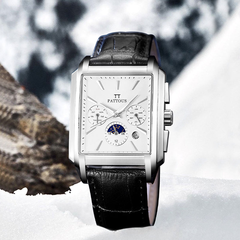 PATTOUS Stylish Square Moon Phase Mechanical Watch | Automatic | Luminous & Waterproof |