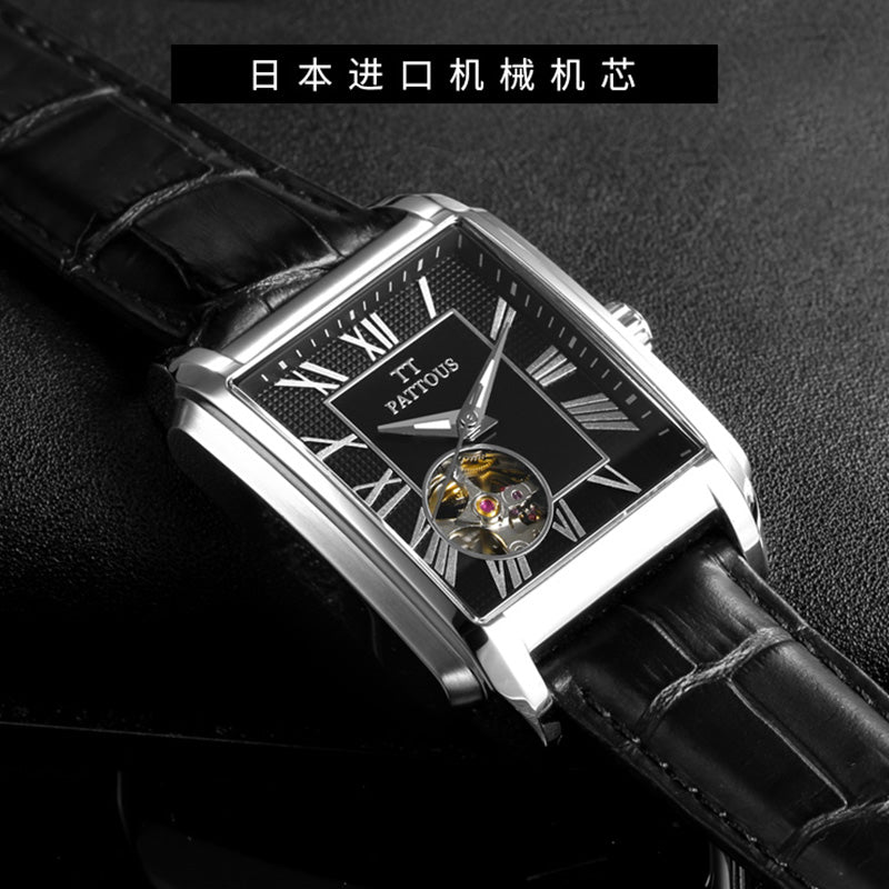 PATTOUS Men's Square Skeleton Watch | Tourbillon | Black Dial | Steel Band | Mechanical | Water-Resistant