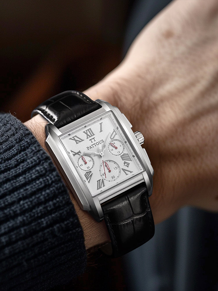 PATTOUS Square Dial Men's Watch – Versatile White Face, Multifunction Quartz, Sport Casual Style