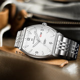 PATTOUS Tonneau Automatic Mechanical Men's Watch | White Dial | Luminous, Date, Day & See-Through Caseback | 50M Waterproof | Steel & Leather Strap Options