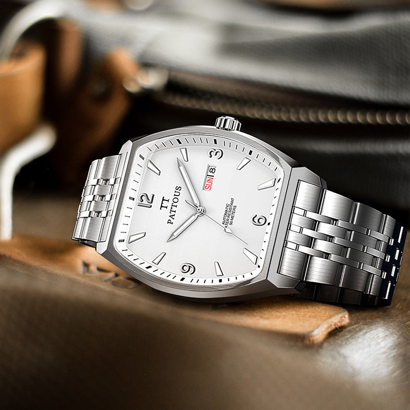 PATTOUS Tonneau Automatic Mechanical Men's Watch | White Dial | Luminous, Date, Day & See-Through Caseback | 50M Waterproof | Steel & Leather Strap Options