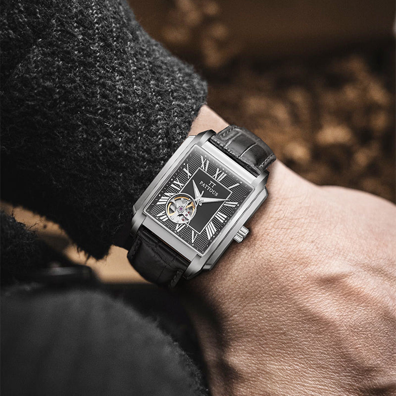 PATTOUS Men's Square Skeleton Watch | Tourbillon | Black Dial | Steel Band | Mechanical | Water-Resistant