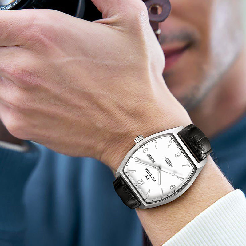 PATTOUS Tonneau Automatic Mechanical Men's Watch | White Dial | Luminous, Date, Day & See-Through Caseback | 50M Waterproof | Steel & Leather Strap Options