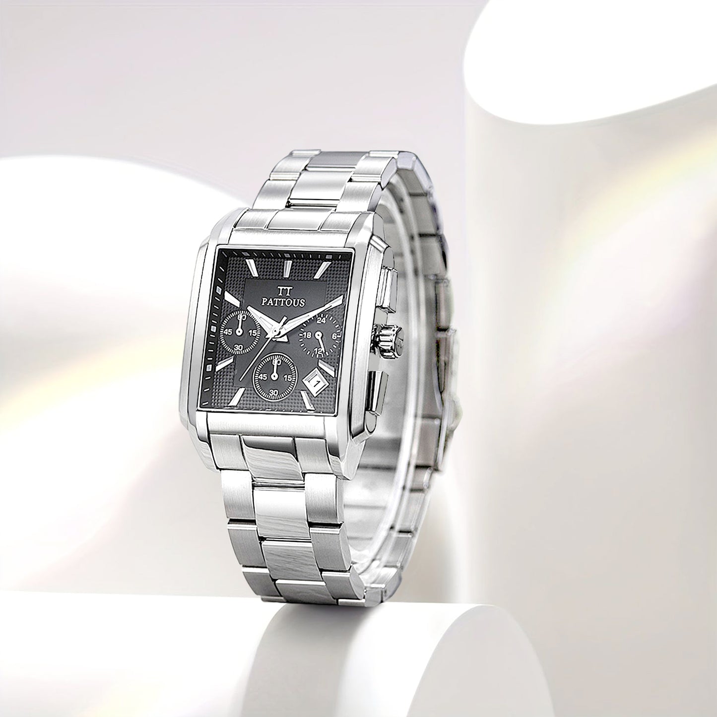PATTOUS Men's Square Watch | Multifunction | Stainless Steel | Quartz | Water-Resistant