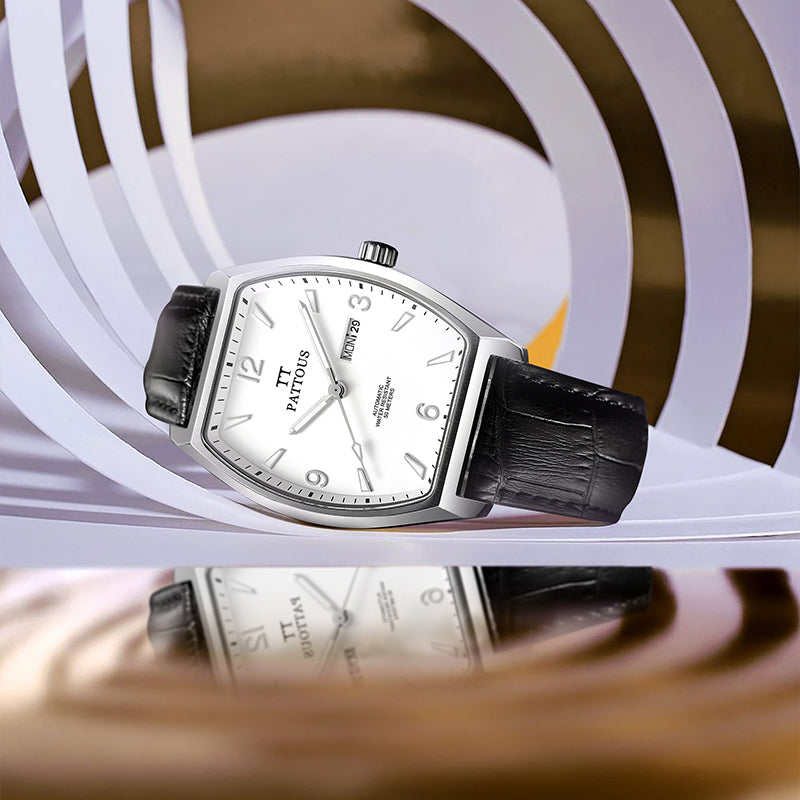 PATTOUS Tonneau Automatic Mechanical Men's Watch | White Dial | Luminous, Date, Day & See-Through Caseback | 50M Waterproof | Steel & Leather Strap Options