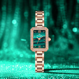 PATTOUS Small Square Quartz Women's Watch | Rose Gold Green Mother-of-Pearl Dial | Steel Bracelet | 3-Hand | 50M Waterproof | Valentine's Day Gift