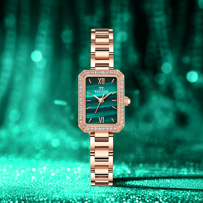 PATTOUS Small Square Quartz Women's Watch | Rose Gold Green Mother-of-Pearl Dial | Steel Bracelet | 3-Hand | 50M Waterproof | Valentine's Day Gift