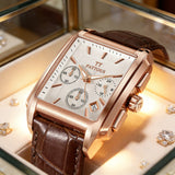 PATTOUS Men's Square Watch | Rose Gold | White Dial | Brown Leather