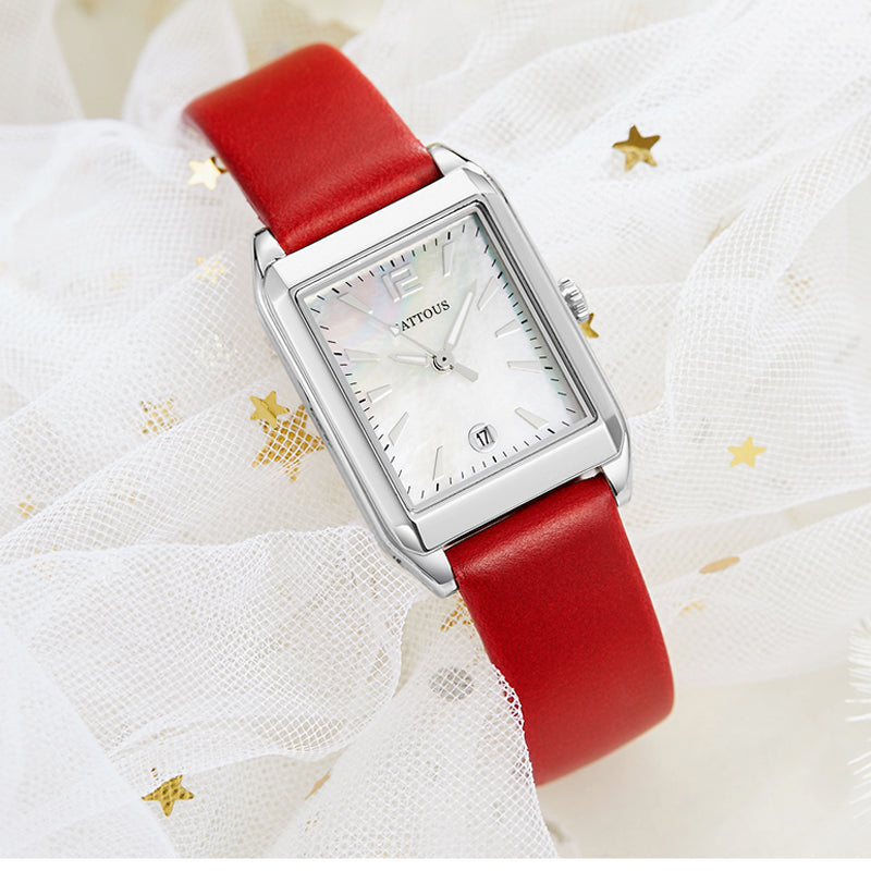 PATTOUS Vintage Small Square Quartz Women's Watch | Gold Case Burgundy Leather Strap |50M Waterproof | Elegant Dress Watch