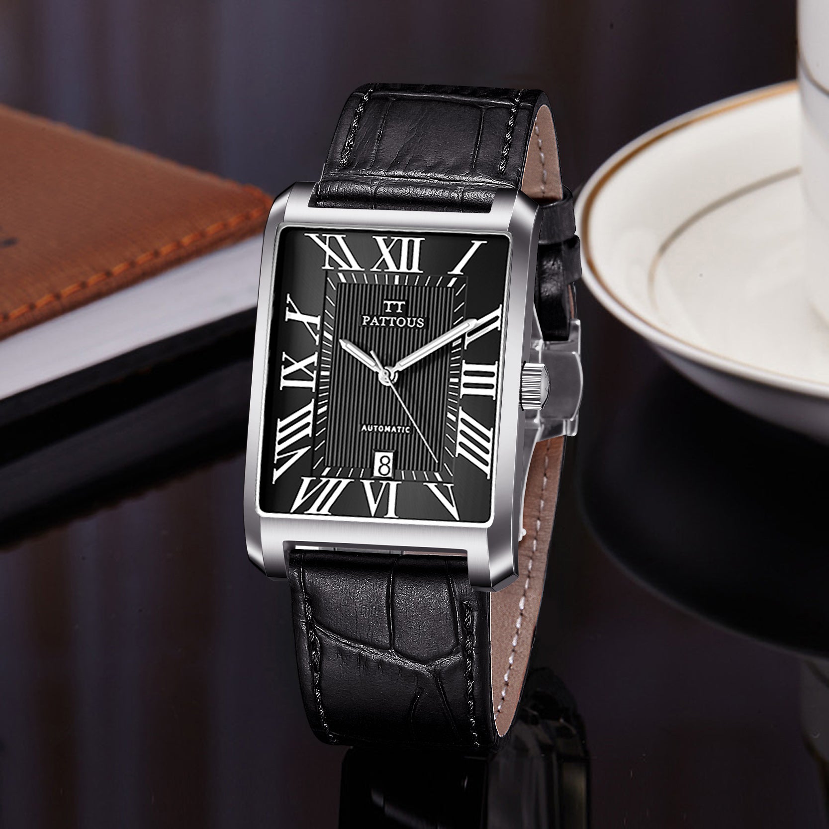 PATTOUS Rectangular Ultra-Thin Automatic Mechanical Watch for Men — Sapphire Crystal, Leather Strap, 50M WR