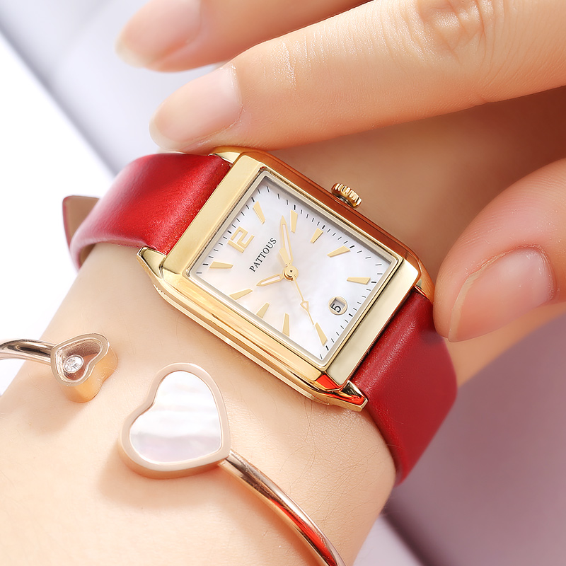 PATTOUS Vintage Small Square Quartz Women's Watch | Gold Case Burgundy Leather Strap |50M Waterproof | Elegant Dress Watch
