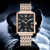 PATTOUS Square Ultra-Thin Automatic Mechanical Men's Watch | Rose Gold Black Dial | Luminous Hands, Date Display & See-Through Caseback | 50M Waterproof