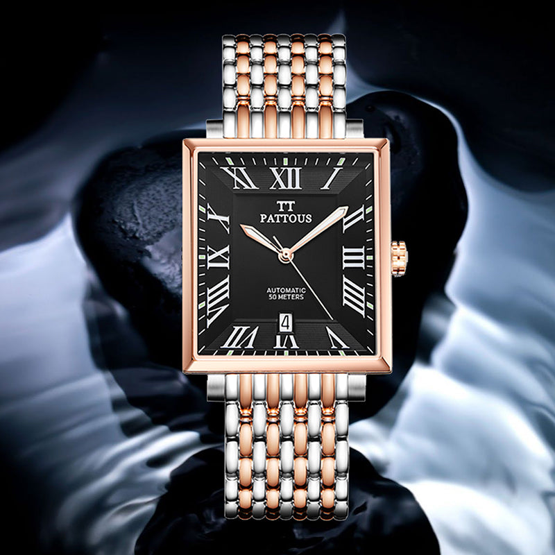 PATTOUS Square Ultra-Thin Automatic Mechanical Men's Watch | Rose Gold Black Dial | Luminous Hands, Date Display & See-Through Caseback | 50M Waterproof