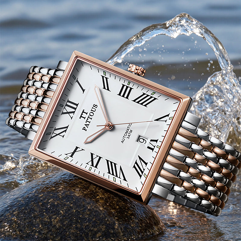 pattous Square Ultra-Thin Automatic Mechanical Men's Watch | Rose Gold White Dial Steel Bracelet | Import Movement Minimalist Luxury Business Waterproof
