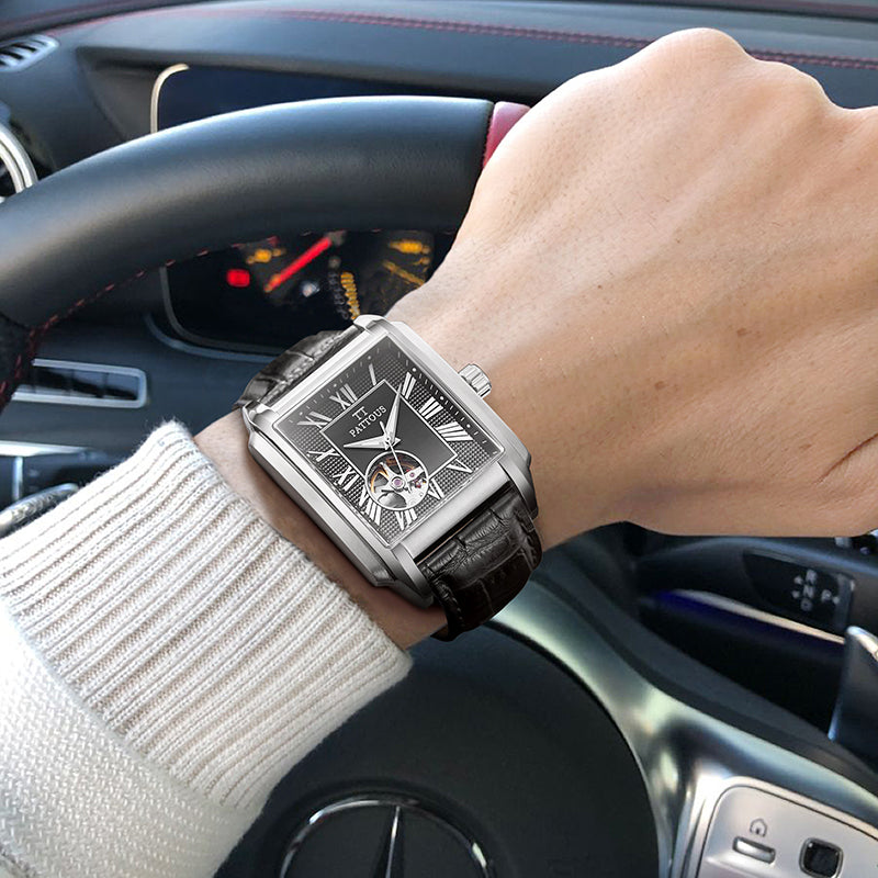 PATTOUS Men's Square Skeleton Watch | Tourbillon | Black Dial | Steel Band | Mechanical | Water-Resistant