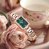 PATTOUS Small Square Quartz Women's Watch | Rose Gold Green Mother-of-Pearl Dial | Steel Bracelet | 3-Hand | 50M Waterproof | Valentine's Day Gift