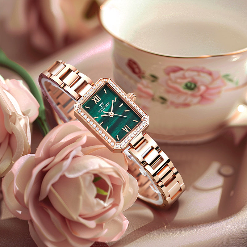 PATTOUS Small Square Quartz Women's Watch | Rose Gold Green Mother-of-Pearl Dial | Steel Bracelet | 3-Hand | 50M Waterproof | Valentine's Day Gift