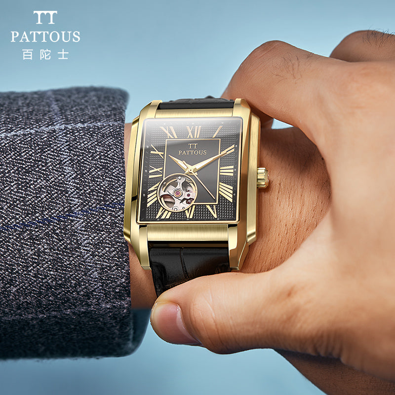 PATTOUS Men's Luxury Square Skeleton Automatic Watch - Gold Black