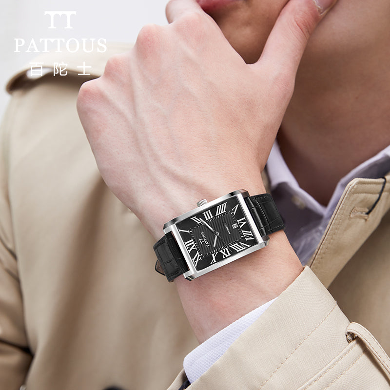 PATTOUS Square Ultra-Thin Automatic Mechanical Men's Watch | Deep Blue Dial | Luminous Hands, Date Display & See-Through Caseback | 50M Waterproof