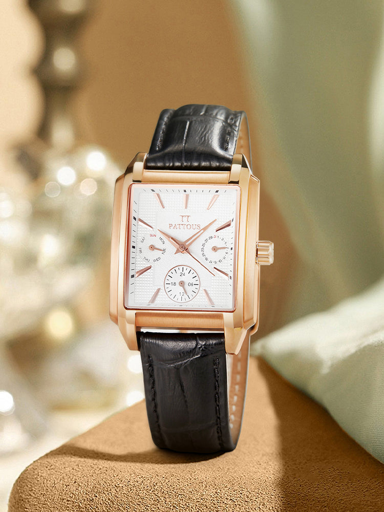 PATTOUS Square Quartz Women's Watch | Rose Gold White Dial Black Leather Strap | Luminous, Date, Day & 24H Display | 50M Waterproof | Elegant Gift