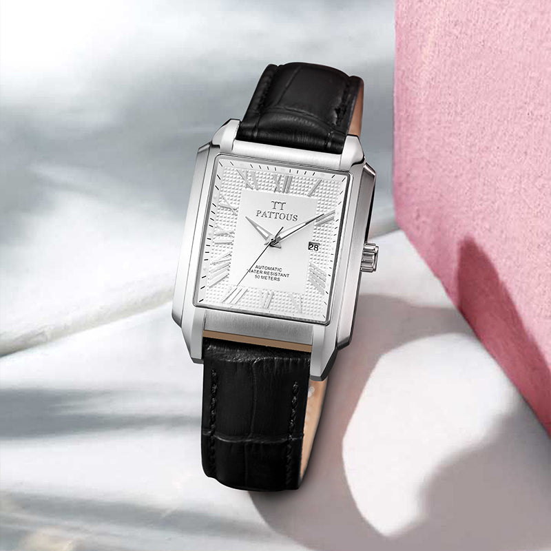 PATTOUS Square Automatic Mechanical Women's Watch | White Dial | Luminous, Date & See-Through Caseback | 50M Waterproof | Luxury Gift for Her