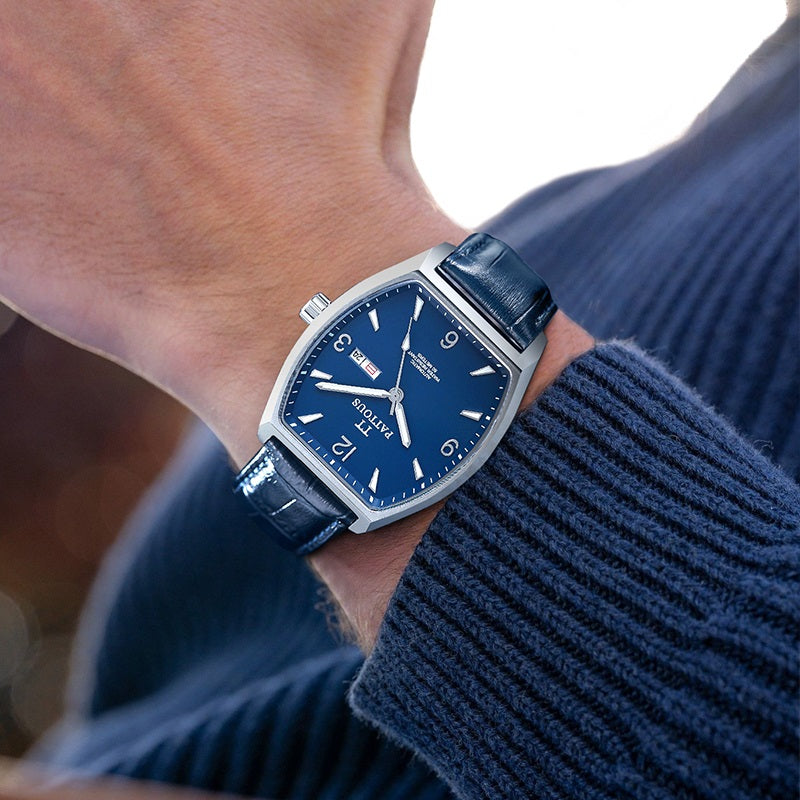 PATTOUS Tonneau Automatic Mechanical Men's Watch | Deep Blue Large Dial | Luminous, Date, Day & See-Through Caseback | 50M Waterproof Steel Bracelet