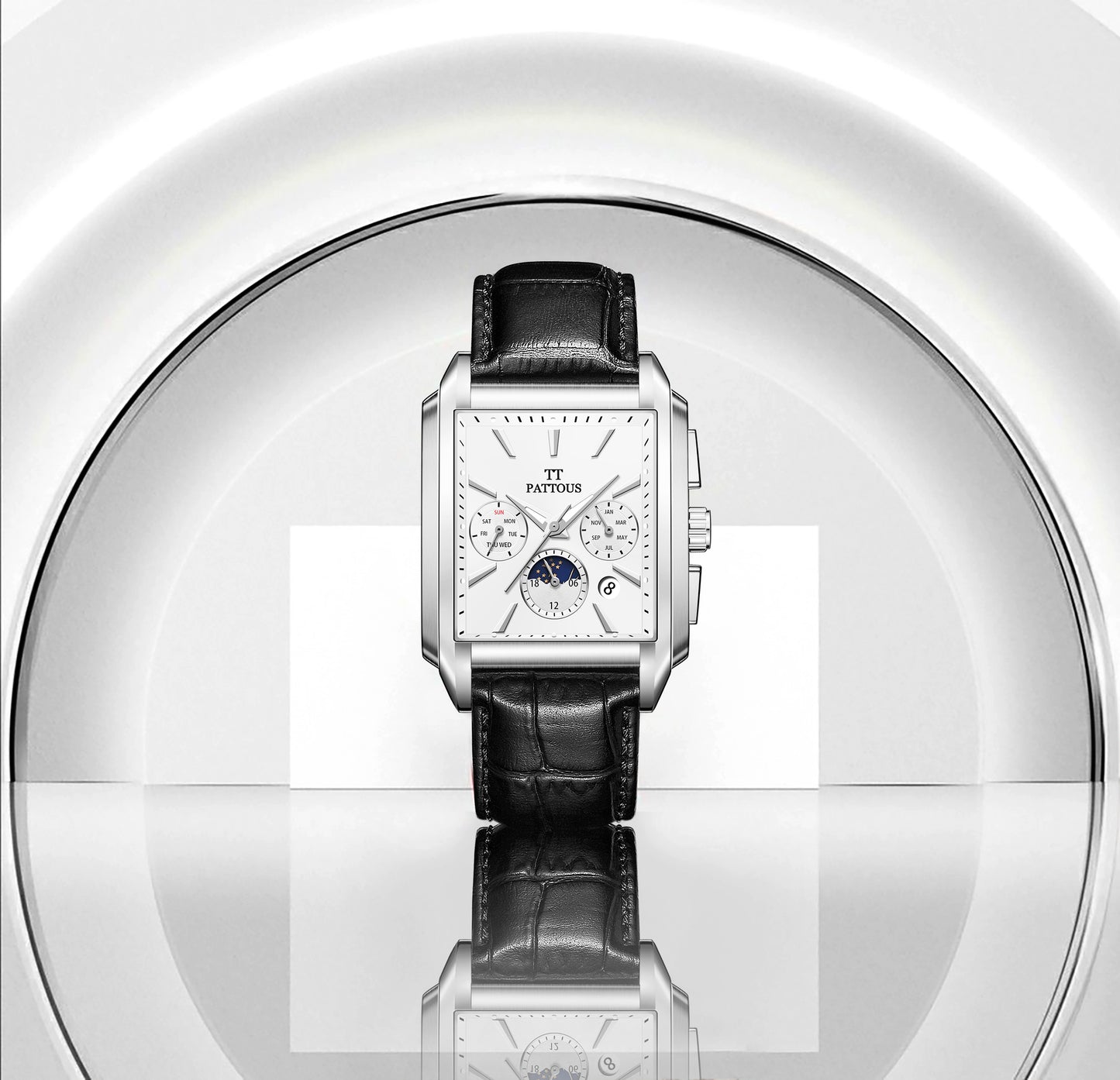 PATTOUS Stylish Square Moon Phase Mechanical Watch | Automatic | Luminous & Waterproof |