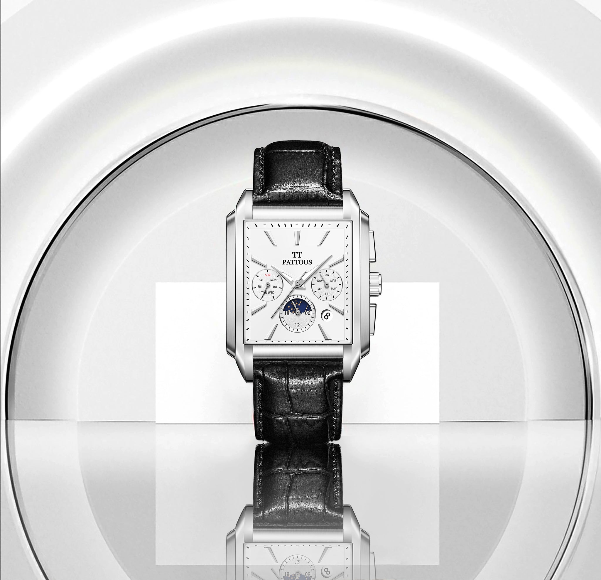 PATTOUS Stylish Square Moon Phase Mechanical Watch | Automatic | Luminous & Waterproof |