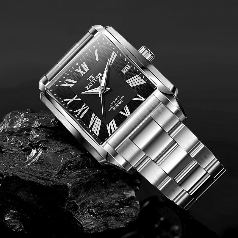 PATTOUS Rectangular Automatic Mechanical Watch for Men — Sapphire Crystal, 316L Steel, 50M Water Resistant
