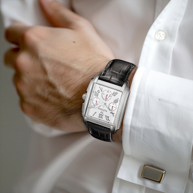 PATTOUS Square Dial Men's Watch – Versatile White Face, Multifunction Quartz, Sport Casual Style