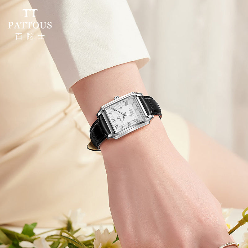 PATTOUS Square Automatic Mechanical Women's Watch | White Dial | Luminous, Date & See-Through Caseback | 50M Waterproof | Luxury Gift for Her