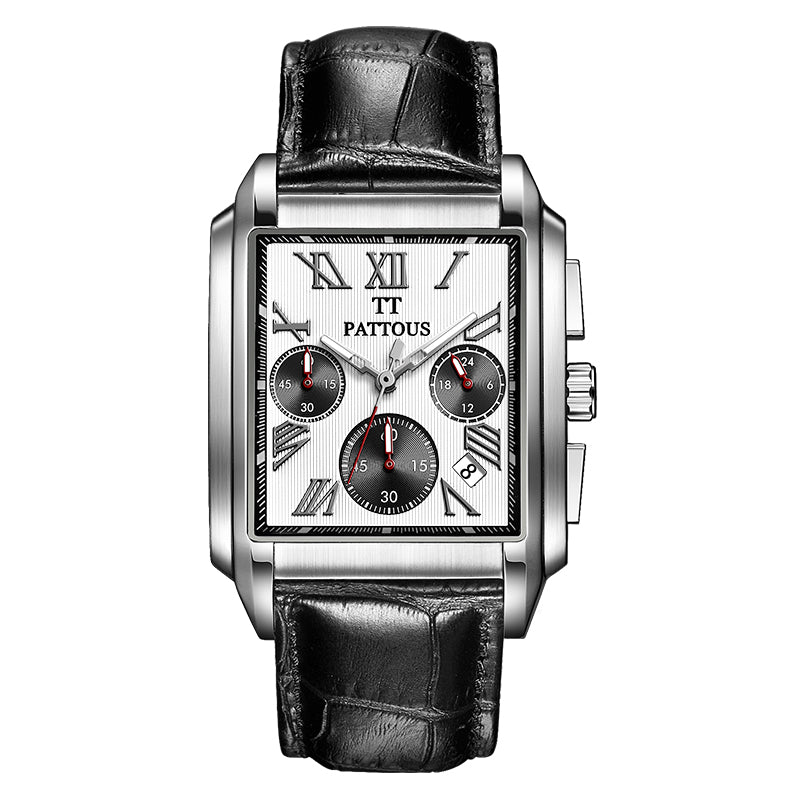 PATTOUS Square Multifunction Men's Watch | Quartz Movement | 50M Water Resistant | Genuine Leather Strap